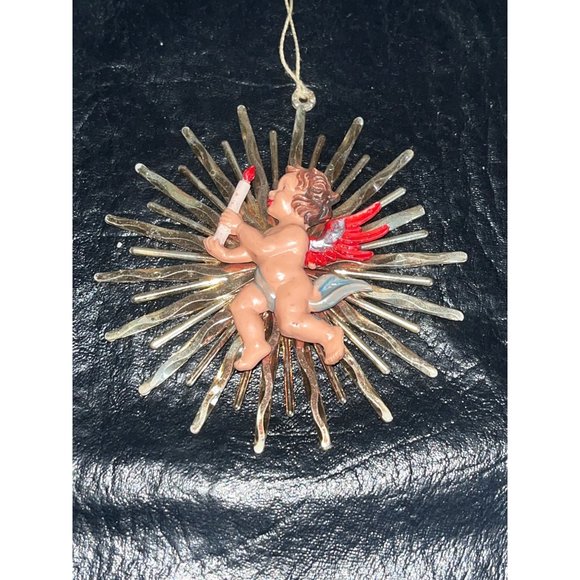 2 Vtg Cherub Angel Christmas Ornaments w/ Gold Rays Star Burst Red Wings Candle - Picture 3 of 5